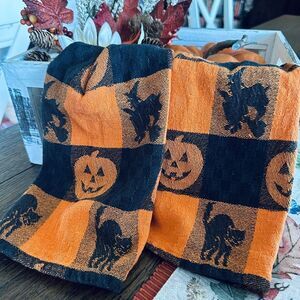 Set of 2 Vintage Avon Home Fashion Halloween Black/Orange Plaid Decorative Linen